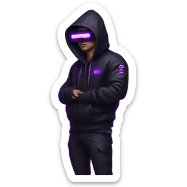 Russian man in the black hoody with violet letters "OMG VR" on it wearing vr headset. Cyberpunk style. Violet neon. sticker