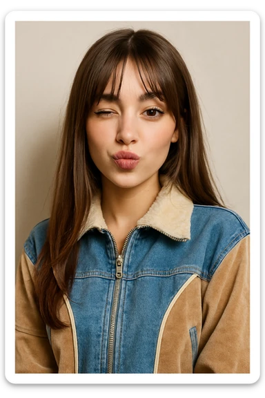 light fair skin girl, straight long light brown hair, curtain bangs, dark brown almond eyes, Y2K fashion jacket, playful expression, detailed, trendy, realistic portrait sticker