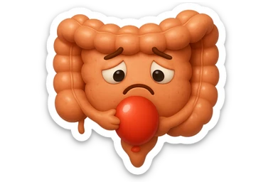 EMOJI STILE IPHONE DI un intestino triste con palloncino rosso sulla pancia, IPERREALISTICO 4K sticker