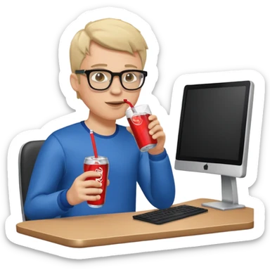 Hombre blanco con gafas tomando un refresco frente a un ordenador con ropa de deorte sticker