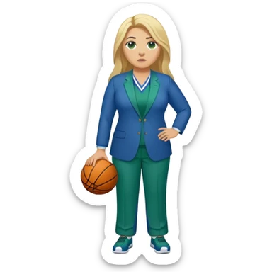 Full Body white plus size female basketball head coach with long blonde hair in a blue and green suit sticker
