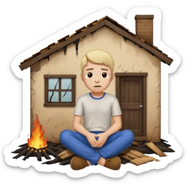 Man sad his house burned down , he’s sat outside it in the rain sticker