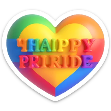 Add the text 'Happy Pride Month' below the 3D rainbow heart in a bold, colorful font that matches the Pride theme. Keep the background transparent. sticker