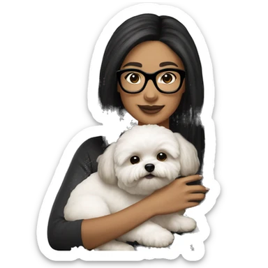 Tan skinned woman with black straight hair and black glasses holding white MaltiPoo dog sticker
