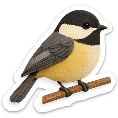 chickadee on a branch, layered paper details, realistic feather patterns, black cap and bib sticker