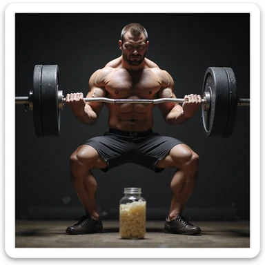 realistic muscular powerlifter performing deadlift in gym, looking at a bottle of AAS in front of him, indecisive expression, isolated on white background sticker