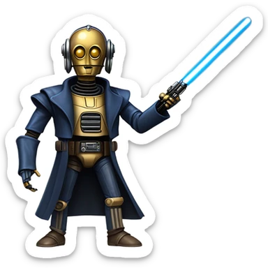well-equipped jedi first order human-sized darkblue-pearl C3po as a friendly bounty hunter droid wearing a leather attire old west duster coat holding light saber ready to fight but relaxed. antiqued sticker