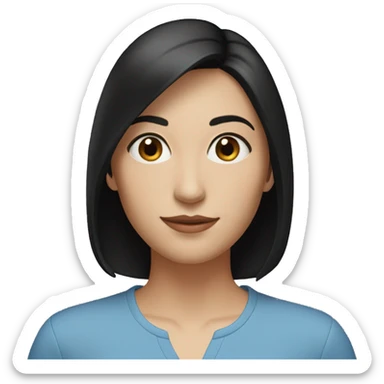 photo of brunette woman, straight, black hair, short to shoulder length, small brown eyes, round face, bic blue shirt, black pants. sticker