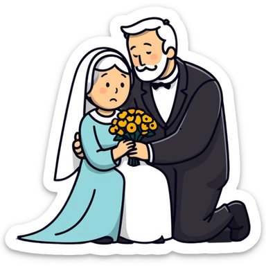 illustration of father celebrating the singing of divorce papers next to grieving wife art influence sticker