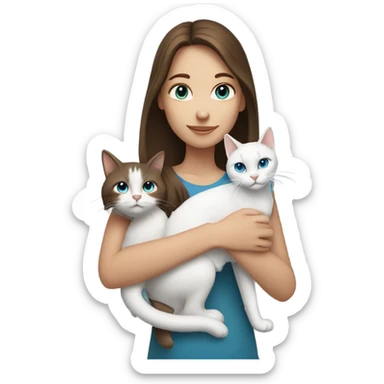 a girl with blue eyes and brown hair and a gray and white cat sticker
