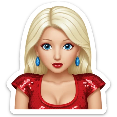 Christina Aguilera with long platinum blonde hair, blue eyes, sequin red crop top sticker