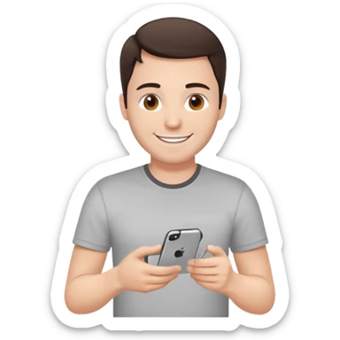 make a white guy with dark brown hair repairing an iphone happy, with a simple white o grey shirt sticker