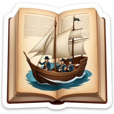Icon for Reading Fiction: a large open book with pages turning, a sailboat sailing across the pages, Musketeers on horseback, Sherlock Holmes and other literary elements. The icon should evoke the adventurous spirit of storytelling. Transparent background. sticker