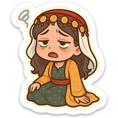 Kurdish sticker, tired mood, cartoon style, Kurdish man or woman in traditional dress, sitting and looking exhausted, expressive face, no text, suitable for social media sticker