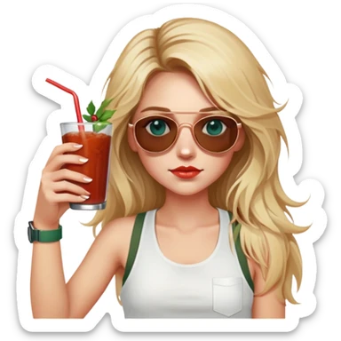 girl with long blond messy hair
with blue eyes
and aviator sunglasses
wearing white tank top 
holding bloody mary
wearing (rose gold apple watch with forest green band) sticker