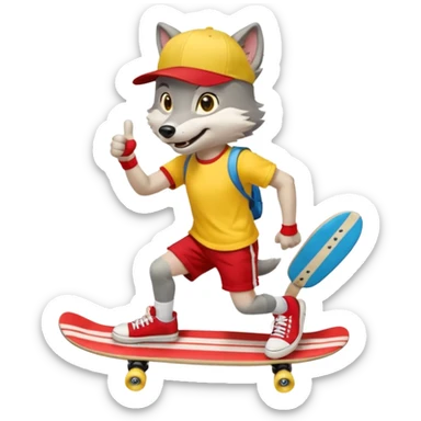 A gray wolf with large, expressive eyes and a friendly smile. The gray wolf is wearing a bright yellow T-shirt, red shorts, white knee socks, and sneakers. The baseball cap is worn backwards. The wolf holds a skateboard in one hand and gives a thumbs-up with the other, a confident and cheerful pose. sticker