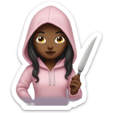 Girl with long dark hair in a light pink hoodie with a serious face holding a butter knife sticker