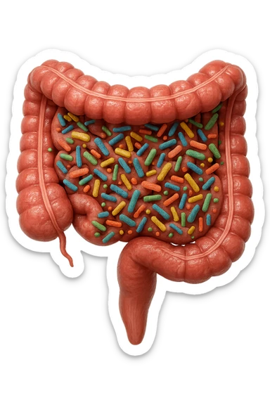 INTESTINO UMANO ANATOMICO CON BATTERI INTESTINALI, iperrealistica 4k sticker
