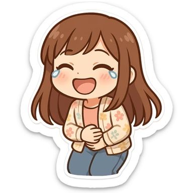 chibi sticker of a girl with brown straight hair and brown eyes, wearing a pastel floral cardigan and jeans, laughing to tears, holding her stomach, white outline, transparent background, 512x512px sticker