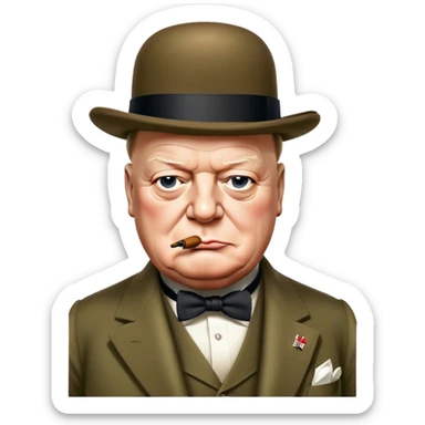 Cinematic Realistic Winston Churchill Portrait Emoji, depicted as a resolute British statesman with a signature bowler hat and a cigar, exuding determined leadership and wartime valor, rendered with lifelike textures and dramatic vintage lighting that captures his iconic British spirit. sticker