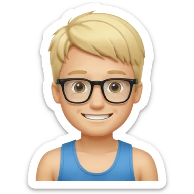 portrait of boy, wearing a tank top, square glasses, grinning face, blond hair sticker