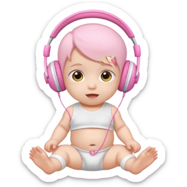a cute baby in a white diaper and pink headphones sticker