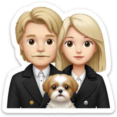A couple boy with nice hair  and beautiful girl with long dark blond hair and with two shih tzu dogs with  black and white coat sticker