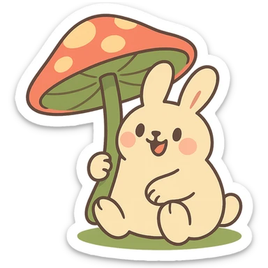 chubby bunny holding a mushroom umbrella, pastel beige and moss green, pastel toon style sticker