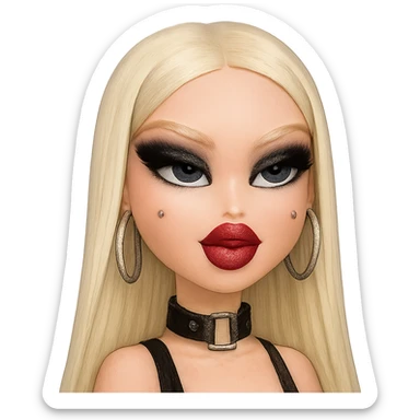 pretty Bratz baddie with platinum blonde straight hair, pale skin, pretty makeup, blue eyes, platinum blonde brows, silver cheek piercings, black smokey eyeshadow sticker