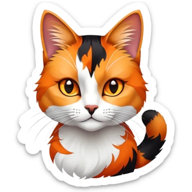 cinematic-noble-calico-cat-portrait-emoji,-poised-and-regal,-with-a-striking-patchwork-fur-in-vibrant-orange,-black,-and-white-hues premoninantly black,-delicate-whiskers-and-a-refined,-relaxed-gaze,-simplified-yet-exquisitely-detailed,-glowing sticker