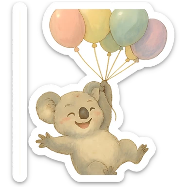 happy koala floating with pastel balloons in soft Ghibli style sticker