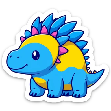 A cartoon blue toy stegosaurus with a friendly face and colorful spikes sticker