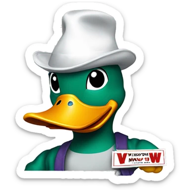 The Anaheim mighty duck mascot holding a sign with a “W” on it sticker