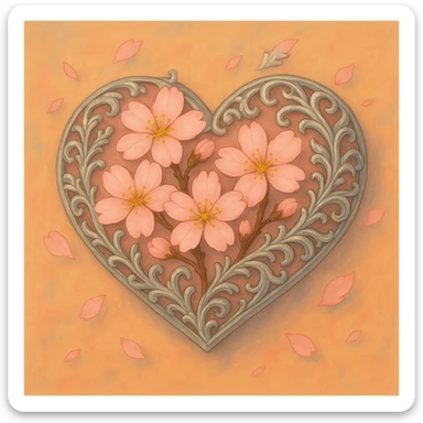 Make the silver accents and details extremely prominent and abundant on the heart with sakura, ghibli style. sticker