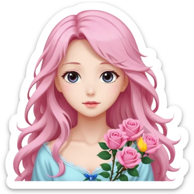 Gorgeous dreamy anime lady pink roses with long hair sticker