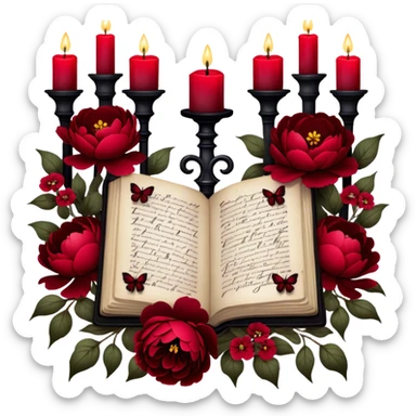 A dark, romantic composition featuring deep red peonies and pansies intertwined with blackened love letters, surrounded by glowing crimson candles. Butterflies in various shades of red flutter around Gothic crosses, creating an eerie yet passionate atmosphere. sticker