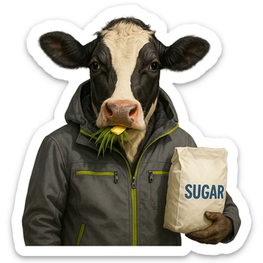a cow dressed in a gray jacket with neon green details, chewing grass topped with butter, holding a bag of white sugar sticker