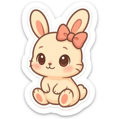 chibi sticker-style bunny with a bow, cute and exaggerated sticker