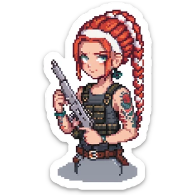 A character with red and white braided hair, tattoos on her arms, holding a gun sticker