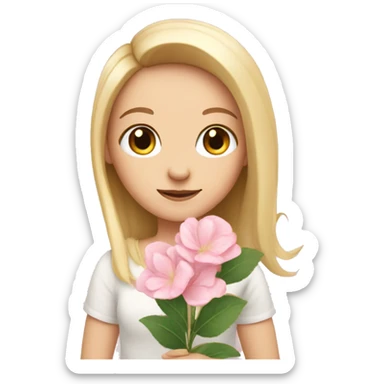 White girl is holding soft pink flower sticker