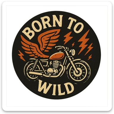 circular motorcycle cap design with transparent background, text 'Born to be wild', motif: wing, motorcycle, lightning, energetic style sticker