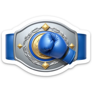 silver championship belt with a blue boxing glove in the middle sticker
