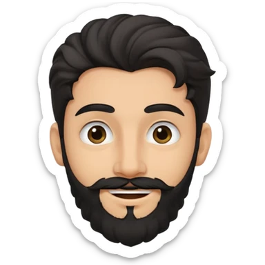 young fair skin Pakistani man smiling with black beard, wavy hair pushed back and squinted eyes and thick eyebrows sticker
