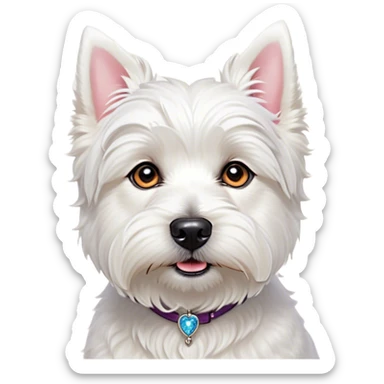Cinematic Cute West Highland White Terrier Portrait Emoji, Head tilted playfully and inquisitively, featuring a fluffy, immaculate white coat with perky ears, round, sparkling dark eyes filled with curiosity, Simplified yet irresistibly adorable features, highly detailed, glowing with a warm, friendly glow, high shine, affectionate and lively, stylized with a touch of whimsy, bright and endearing, soft glowing outline, capturing the essence of a mischievous yet loving pup, so playful it feels like it could bound out of the screen and into your arms! sticker