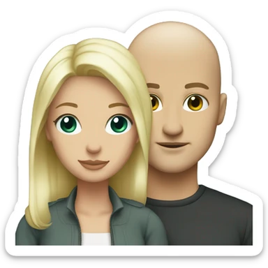 Couple. White. Male bald. 35. Teal eyes.  Woman blonde. 35. Teal eyes.  sticker