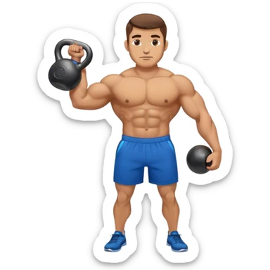 buff man with blue shorts holding kettlebell sticker