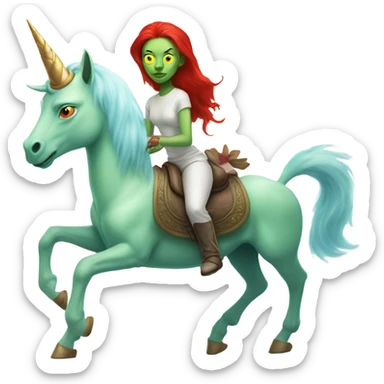 [politically incorrect
	{ woman: alien, color: light green, hair:red, eyes:cat} ]
	on a 
	[{ unicorn: white, legged:four, mane: light blue }] sticker