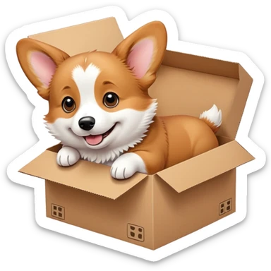  A very cute young corgi  with one's head tilted to one side poked its paws out of the cardboard big box and placed them on top of it sticker