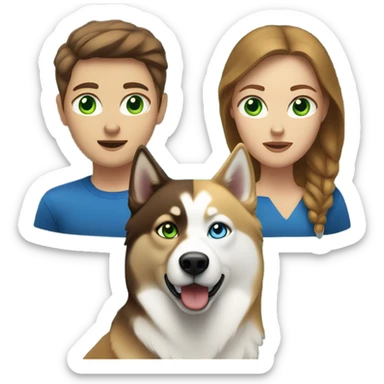White Woman hair brown and bleus eyes and golden Husky With green eyes sticker