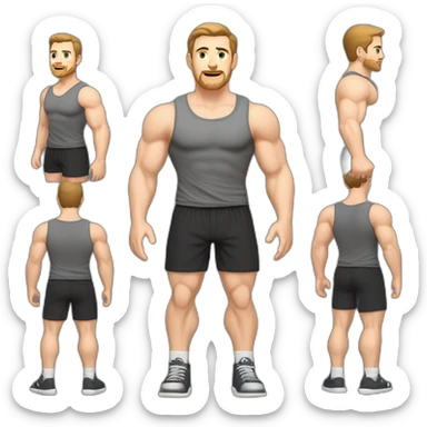 Full height Pale skinned muscular man With Realistic eyes and mouth, light brown hair and stubble In dark gray sleeveless mike, black oversize sports shorts, watch and white sneakers. sticker